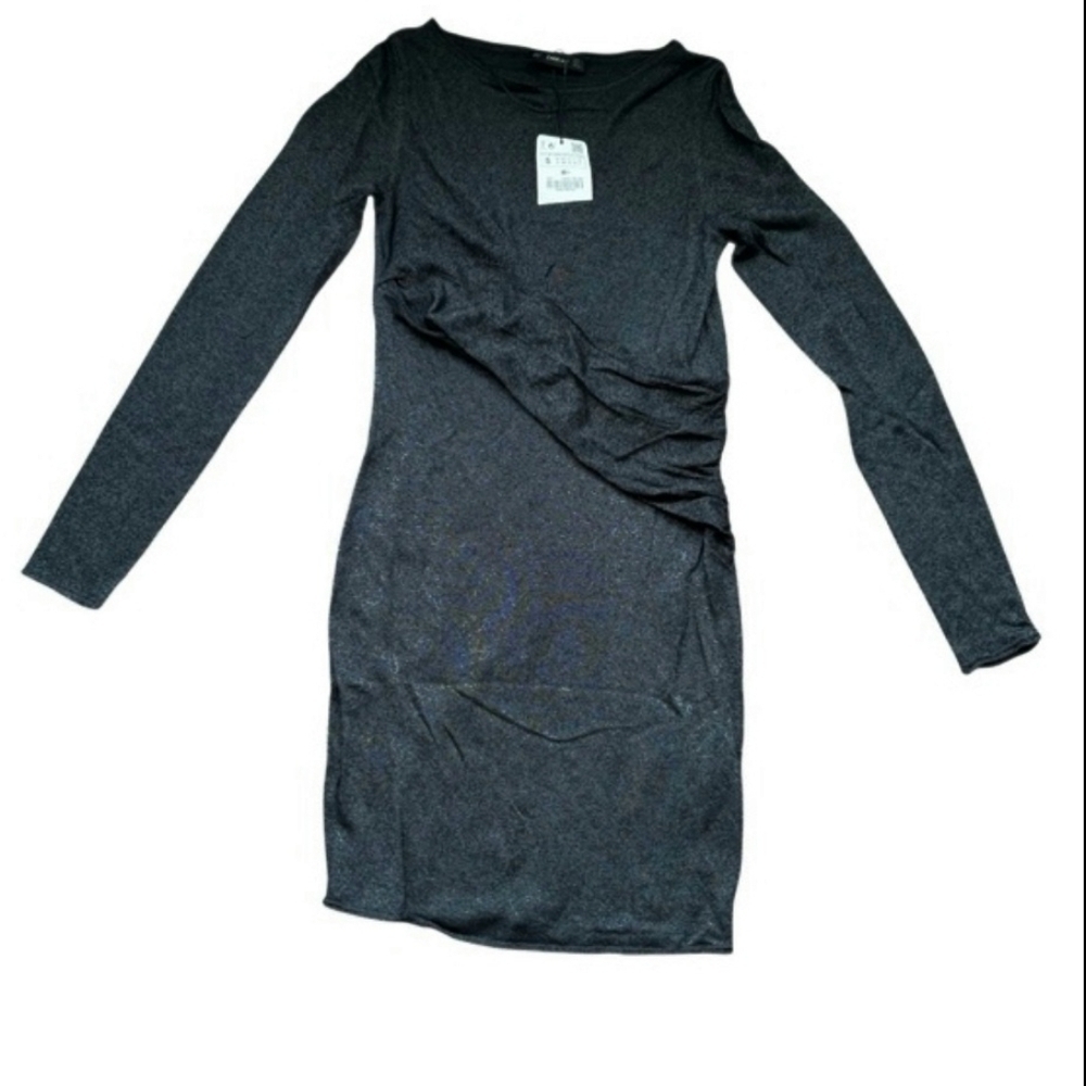 NWT Zara Knit Long Sleeve Side Twist Soft Mini Metallic Shimmer Dress Size Small